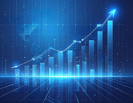 Digitally rendered chart showing upward trends over a world map
