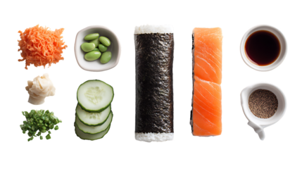 Fresh Sushi Preparation with Ingredients including Salmon, Seaweed, Vegetables, Soy Sauce, and Wasabi