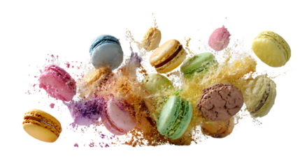 Colorful Macarons Flying in a Burst of Powder on a White Background for Dessert and Baking Concepts