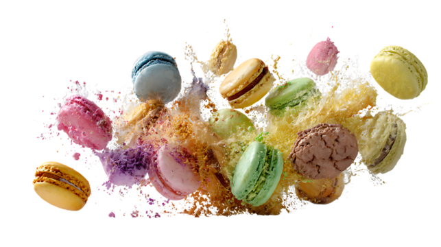 Colorful Macarons Flying in a Burst of Powder on a White Background for Dessert and Baking Concepts