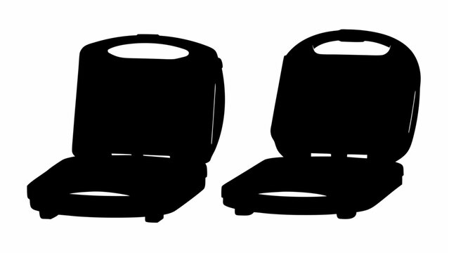 Two black silhouette waffle makers with handles in an open position on a white background image view