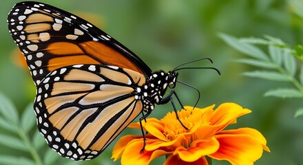 Striking monarch butterfly with patterned wings rests gracefully on vibrant orange and yellow flower