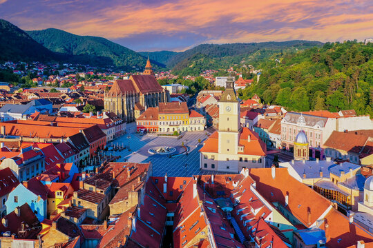 Brasov, Romania. Aerial view of the old town at sunrise.