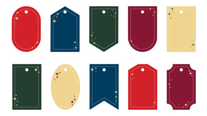Set of blank label templates in various shapes. Tags in Christmas colors with gold sparkles, glitter, and stars. Festive labels for sales, prices, offers, vector elements