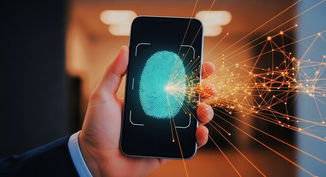 Smartphone fingerprint scan with digital network connection.