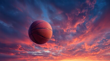 Fototapeta premium Basketball soaring through vibrant sunset sky with colorful clouds and dramatic hues in evening light