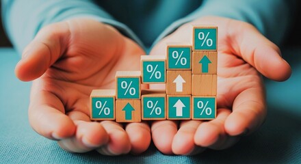 Cupped hands holding wooden blocks with percentage and up arrow symbols, illustrating financial growth and increasing rates.