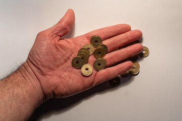 Hand holding japanese yen coins showing finance concept