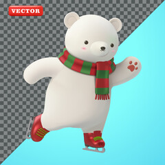 Polar bear wearing scarf ice skating, 3D vector. Suitable for events and sports