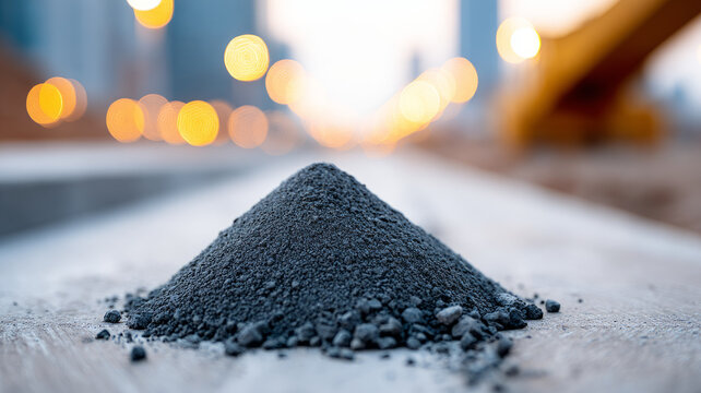 Pile of gravel with bokeh cityscape background, construction theme.