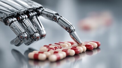Robotic hand selects medicine capsules against a transparent background