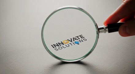 Magnifying glass focusing on the words "Innovate Solutions" on a gray surface.