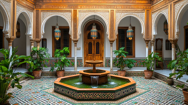 Authentic riad hotel interior in Marrakech with detailed artisan tile fountain, architectural arches, plush decor, and ornamental flora creating a refined and relaxing space