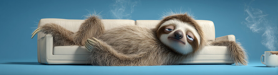Obraz premium A sleepy and grumpy cartoon sloth lying on a white leather sofa while holding a steaming coffee cup against a blue background with copy space, messy fur, and a deep Monday morning mood. Generative Ai.