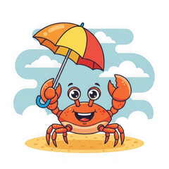 Happy cartoon crab holding an umbrella on a beach scene transparent background