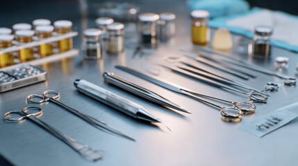 Surgical instruments and medical supplies on a metallic surface close up