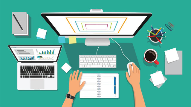 Modern Office Desk Top View Flat Lay Illustration. Workspace Vector Design with Computer, Laptop, Hands, Coffee, and Business Supplies.
