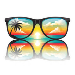 Sunglasses reflecting tropical sunset over ocean and beach scene transparent background