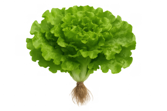 Green butterhead lettuce with root system showing freshness, organic farming, and hydroponic growth on transparent background
