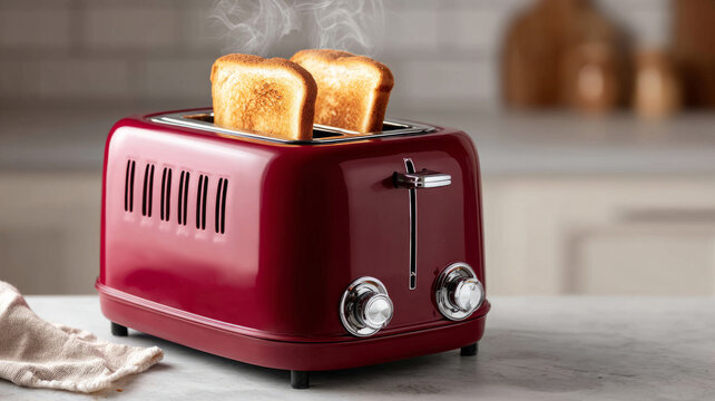 Red toaster with two slices of toast on a kitchen counter.