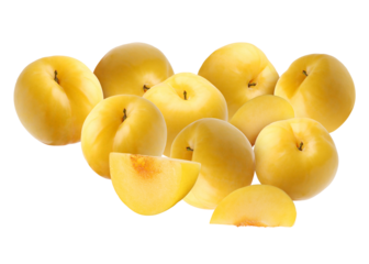 cluster of ripe, sweet yellow plums featuring whole fruit and neatly sliced cross sections, professionally photographed and isolated on a clean transparent background.