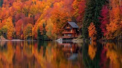 Colorful autumn landscape featuring a cozy cabin by a calm lake surrounded by vibrant trees