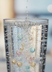 Close-up of a glass filling with water from a top nozzle. Inside, various colored spheres float, creating air bubbles
