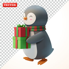 Penguin wearing a scarf carrying a gift box, 3D vector. Suitable for events and businesses