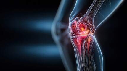 Medical illustration of human knee joint bones and ligaments in a transparent view