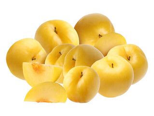 perfectly ripe and sweet yellow nectarines or plums arranged together, highlighting their smooth skin and the bright, juicy interior of the sliced fruit, isolated on black.