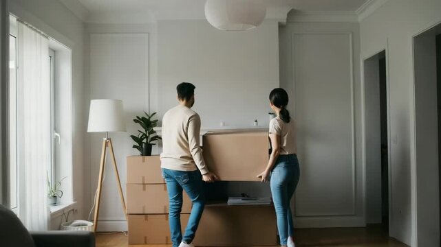 Couple carries box out of room during apartment move, helping each other, family preparing for home relocation, packing belongings, teamwork moving day, happy new home start