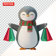 Penguin holding some shopping bags, 3D vector. Suitable for events and businesses