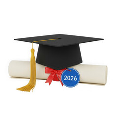 Graduation cap and diploma with 2026 year blue medallion realistic transparent background