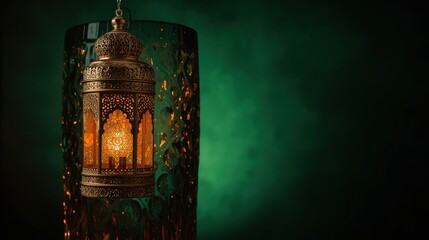Fototapeta premium Traditional islamic lantern glowing warmly against dark green background