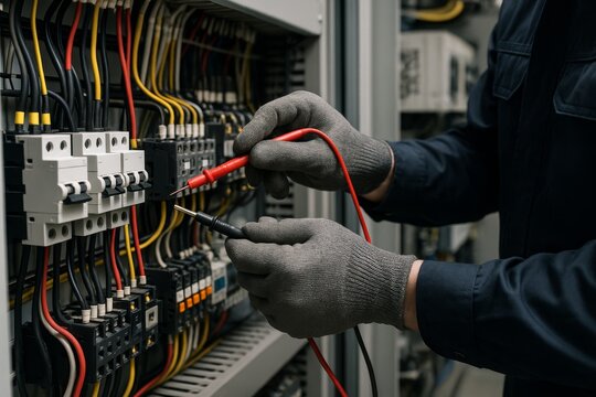 Electrician testing voltage in industrial electrical panel with multimeter probes wearing safety gloves, close-up view of hands and wires. Ai generative