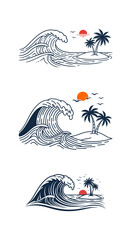 Transparant Three vintage hand-drawn illustrations depicting a powerful ocean wave crashing near a tropical island with palm trees and a vibrant sunset.