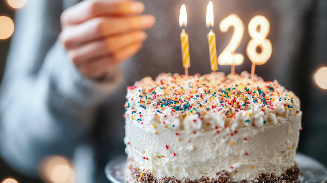 Heartwarming celebration moment featuring beautifully decorated birthday cake with lit candles forming number '28' and hand gently approaching, surrounded by warm bokeh lights creating festive atmosph