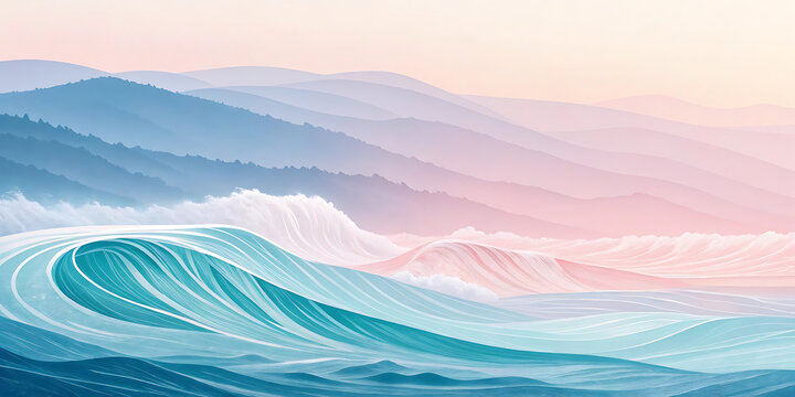 Abstract vector illustration of rolling blue waves and a misty mountain landscape at sunrise