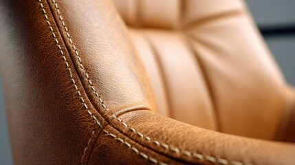 Brown leather armchair close up showing white stitching and textured grain, evoking craftsmanship, cozy comfort and rustic elegant interior design details