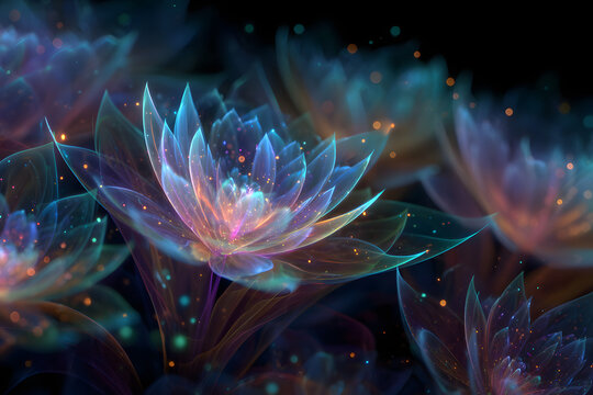 digital fractal blossoms glowing in holographic colors blending futuristic technology with organic art aesthetic