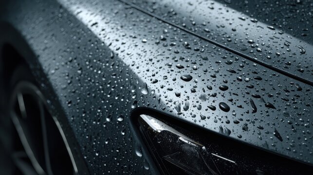 Dark gray car fender and headlight covered in countless water droplets during a rain shower. Reflecting ambient light from the overcast sky