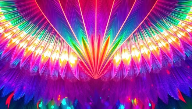Abstract, vibrant, and colorful digital artwork featuring radiating light and feather-like patterns.