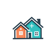 Illustration of two houses, one orange and one teal, with a cross symbol on the teal house.