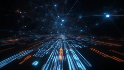 Abstract visualization of digital data streams flowing across a dark network plane - Powered by Adobe