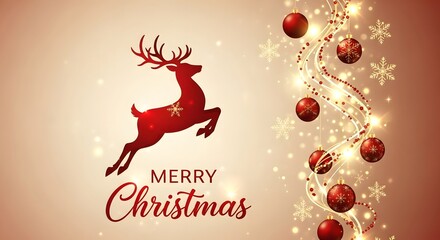 Red Reindeer Silhouette with Christmas Ornaments and Snowflakes holiday