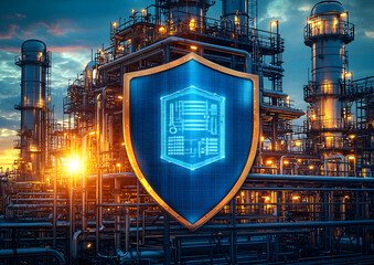 Industrial refinery complex with digital shield overlay, symbolizing cybersecurity systems in energy production, cyber defense protocols, and tech-driven safety solutions