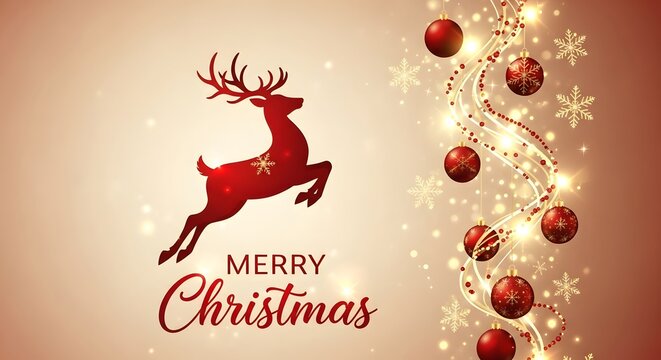 Red Reindeer Silhouette with Christmas Ornaments and Snowflakes holiday