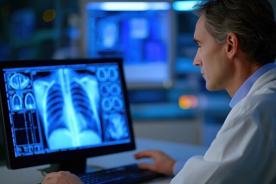 the doctor is examining the screen of his computer, which displays an x-ray scan with high-definition images of two human lungs.  - Powered by Adobe