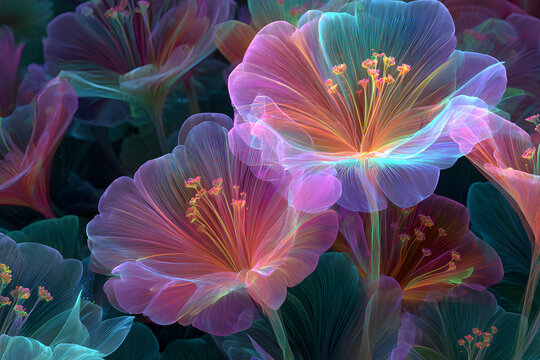 digital fractal blossoms glowing in holographic colors blending futuristic technology with organic art aesthetic