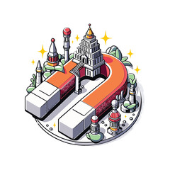 Isometric illustration of a large U-shaped magnet attracting a temple and surrounding towers on a circular base.